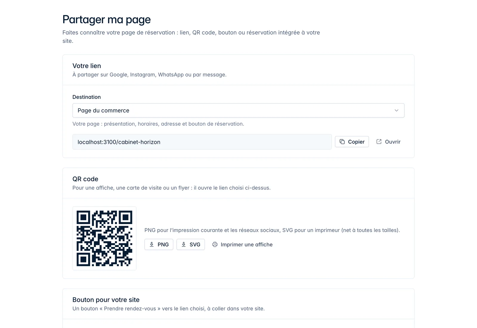 Page « Partager ma page » : lien, QR code et code du bouton