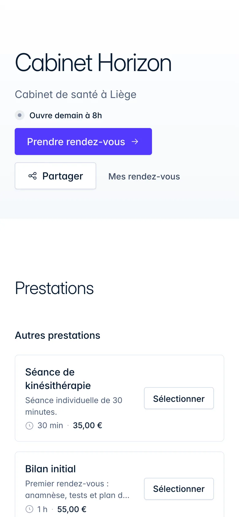 Page publique d’un cabinet sur téléphone